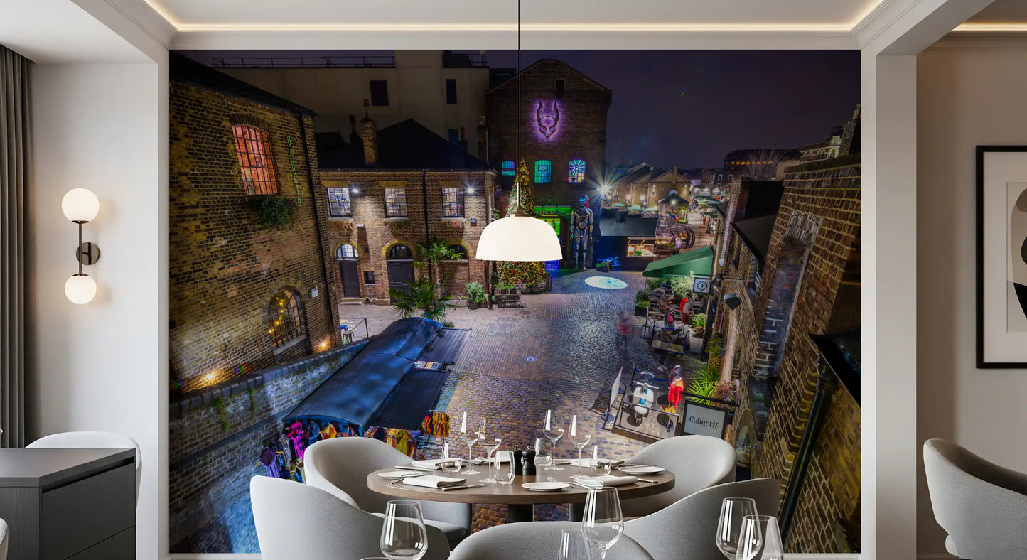 London Nighttime Cobblestone Market Square Wall Mural