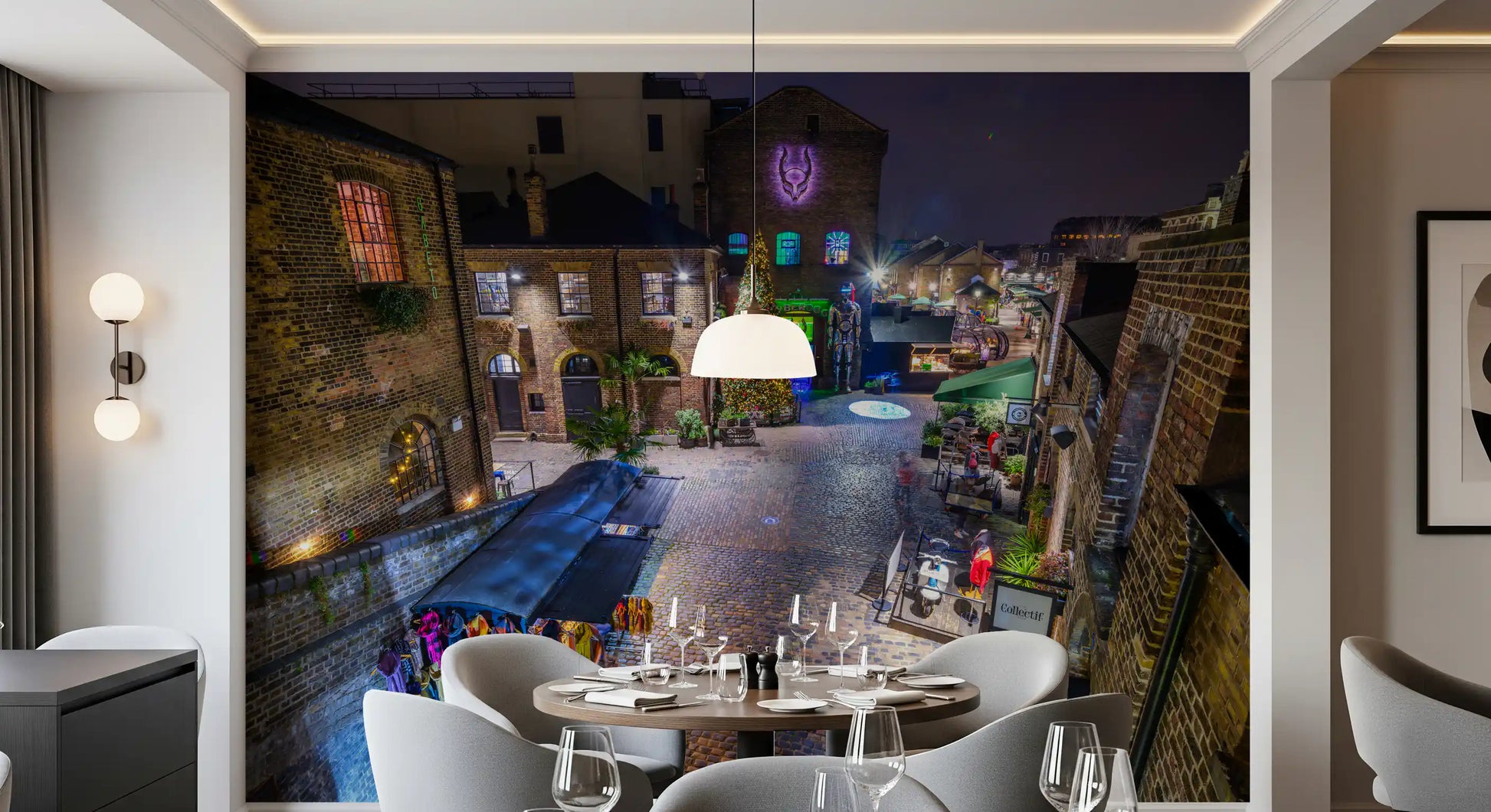 London Nighttime Cobblestone Market Square Wall Mural