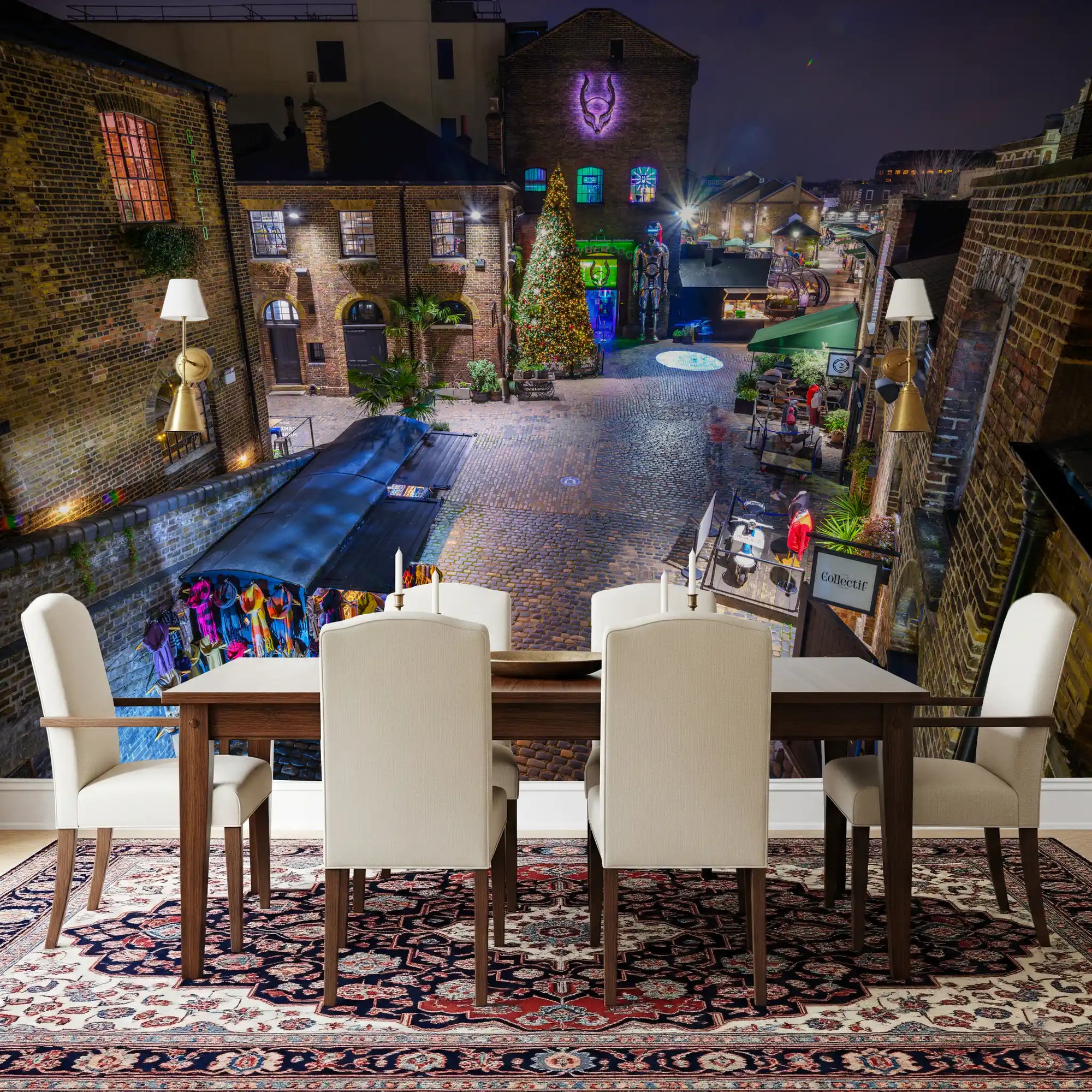 Market square wall mural with cobblestone courtyard and brick warehouses at night GD11185