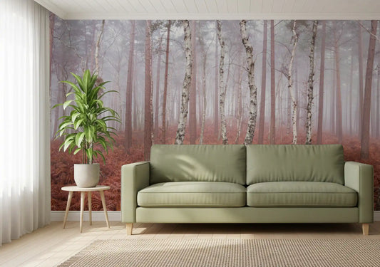 Misty woodland wall mural with pale birch trees and rust-red ferns in living room GD11187