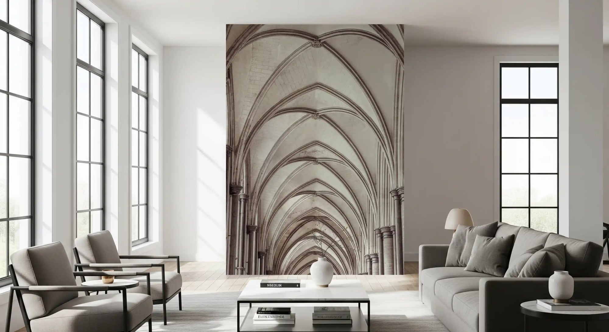 Gothic vaulting wall mural with pointed stone arches and ribbed ceilings in living room GD11188
