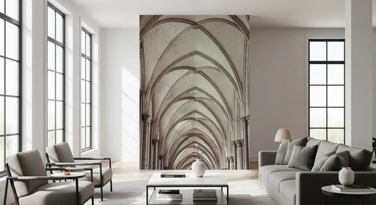 Gothic vaulting wall mural with pointed stone arches and ribbed ceilings in living room GD11188