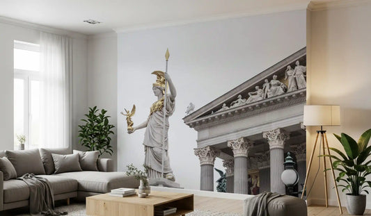 Classical statue wall mural with a golden spear and columned building GD11189