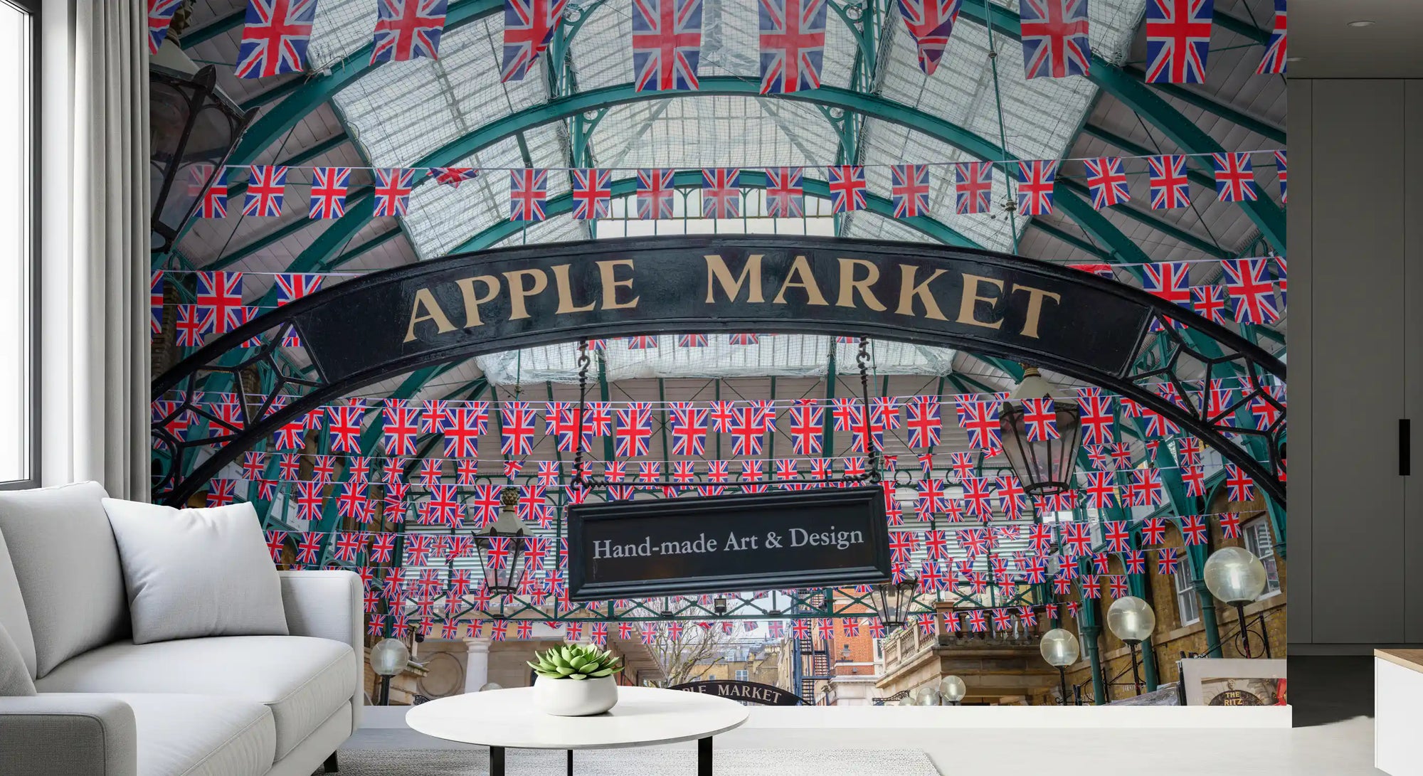 Covered market wall mural with iron and glass roof and flag bunting in living room GD11192