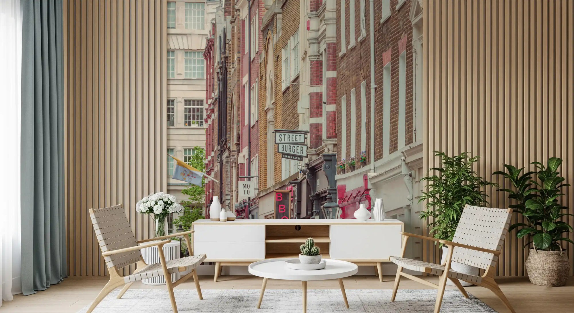 Urban streetscape wall mural with tall town buildings and brick facades in hallway GD11193