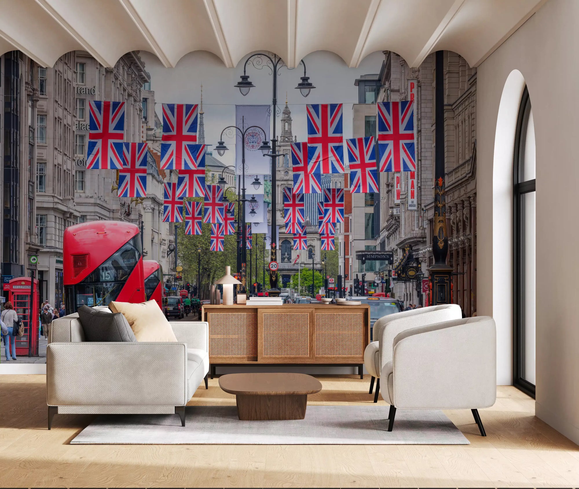 City street wall mural with a red double-decker bus and flag rows GD11194