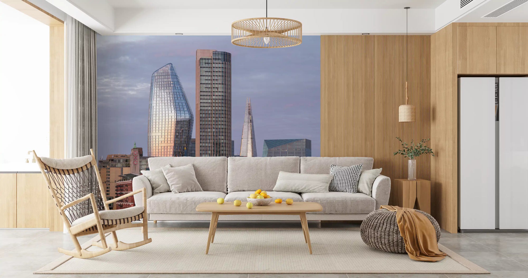 London skyline wall mural with glass towers against a lavender dusk sky GD11195
