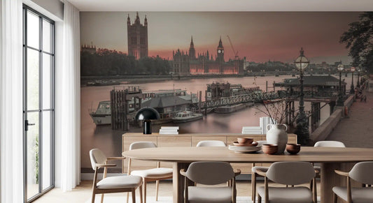 London river sunset wall mural with clock tower under a rose sky in dining room GD11196
