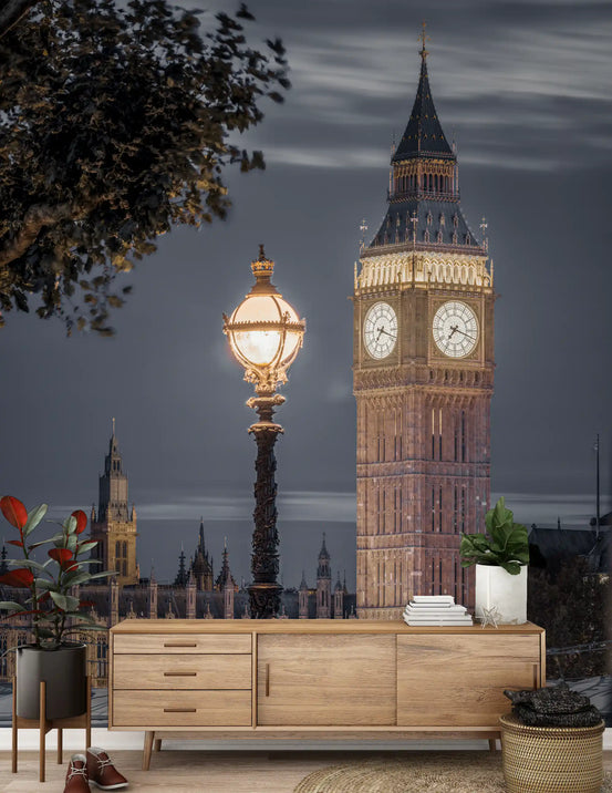 London clock tower twilight wall mural with glowing street lantern GD11197