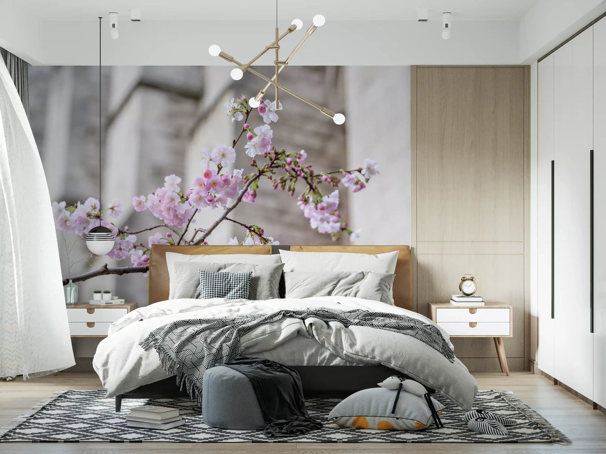 Pink and white cherry blossom mural on a slender branch, soft grey backdrop in bedroom GD11198