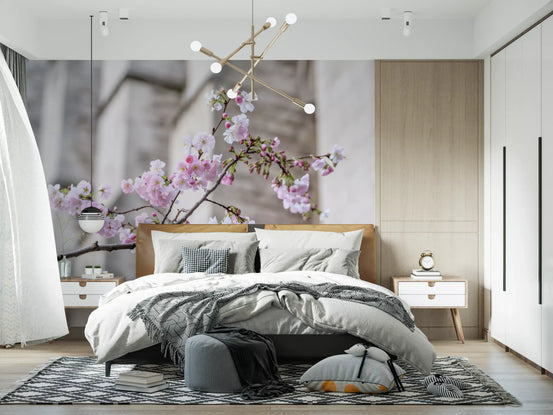 Pink and white cherry blossom mural on a slender branch, soft grey backdrop in bedroom GD11198