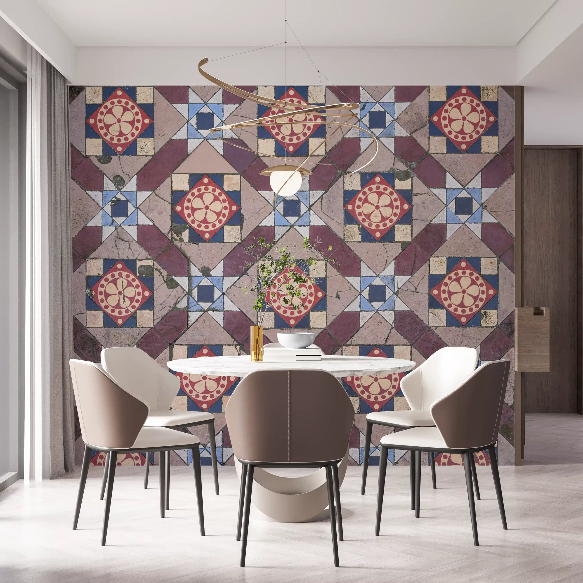 Victorian geometric tile pattern wall mural with red floral medallions and blue stars GD11200