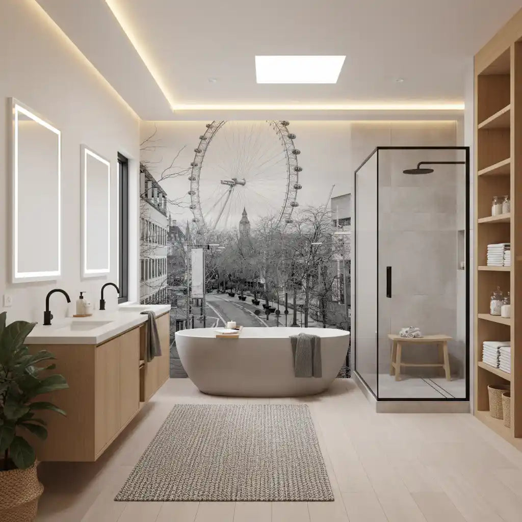 Black and white cityscape mural with a tall observation wheel and clock tower GD11201