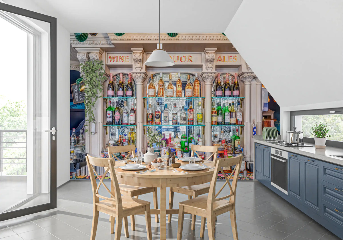 Ornate cream tavern back bar mural with shelves of colourful bottles in dining room GD11202