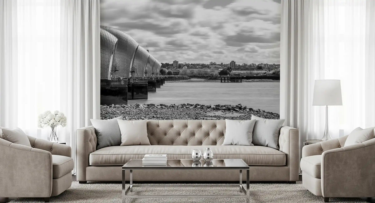 Monochrome wall mural of steel flood gates along a wide river in living room GD11203