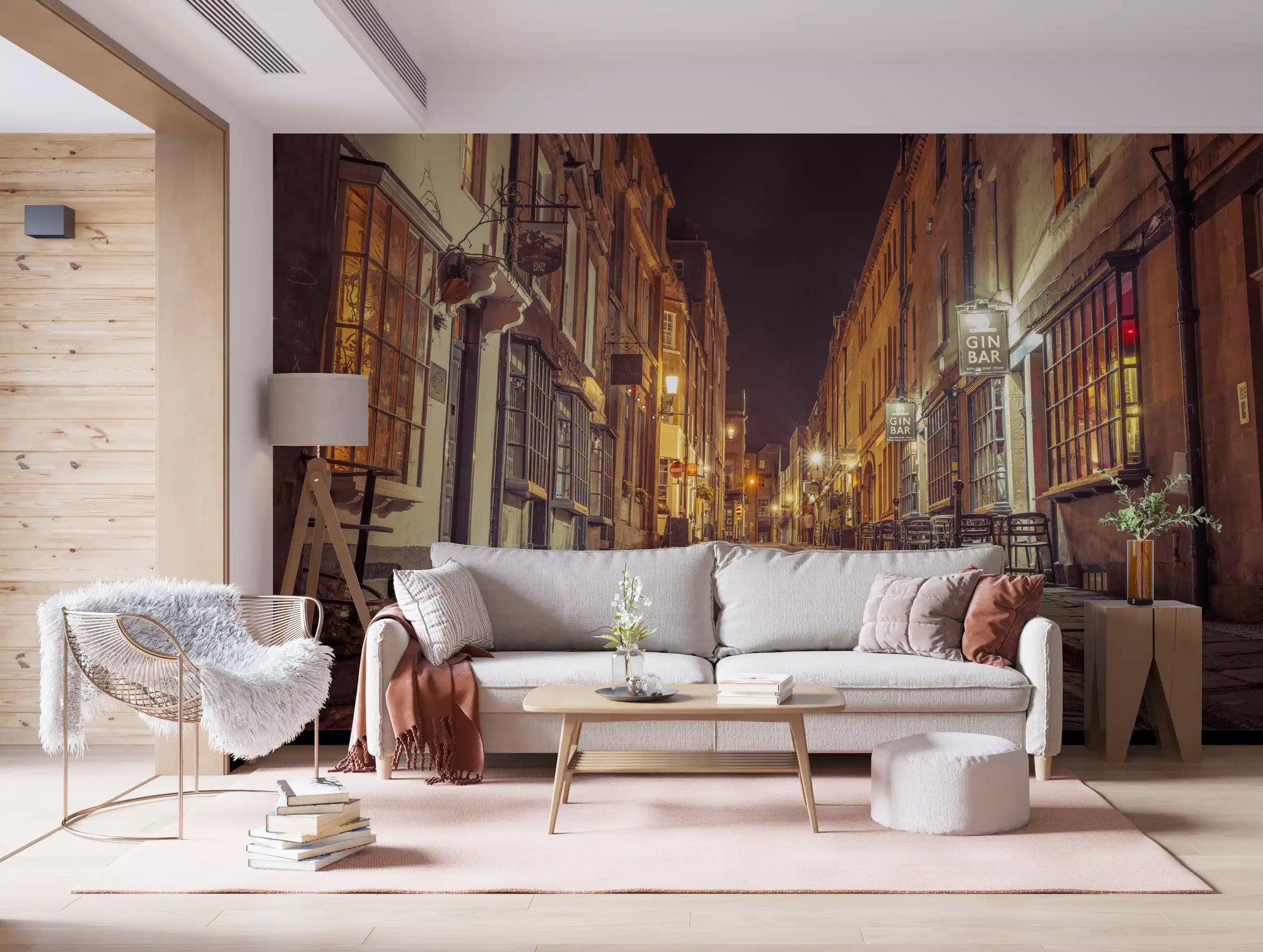 Night wall mural of a cobbled street lit by warm amber lamps in living room GD11204
