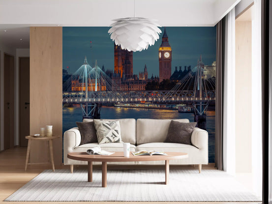 Twilight wall mural of a lit cable bridge over a calm river GD11205