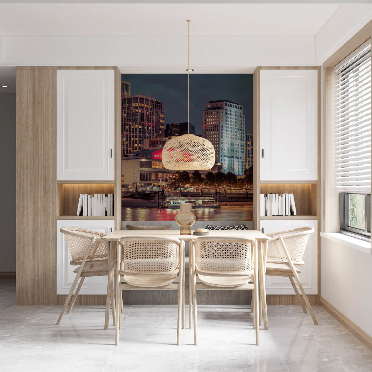 Twilight wall mural of lit city towers above a calm river in dining room GD11206