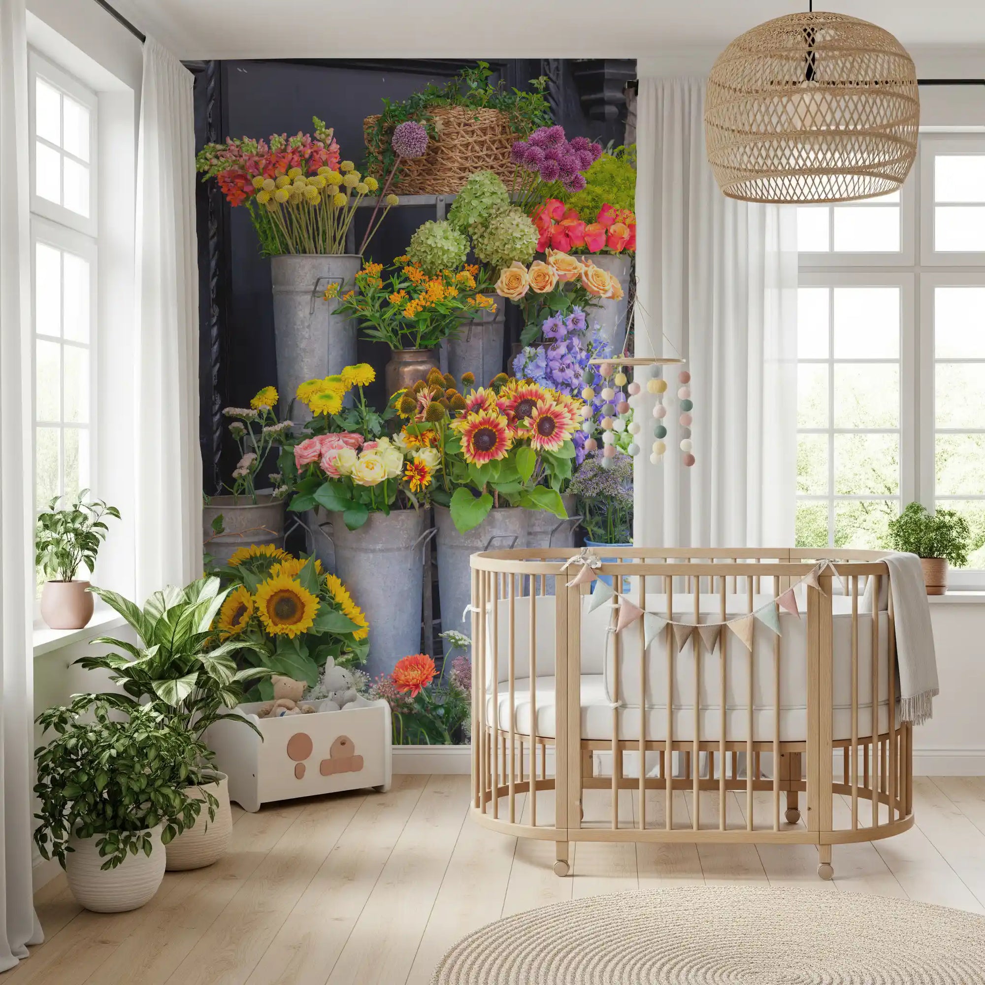 Colourful wall mural of a tiered flower market stall in nursery GD11207