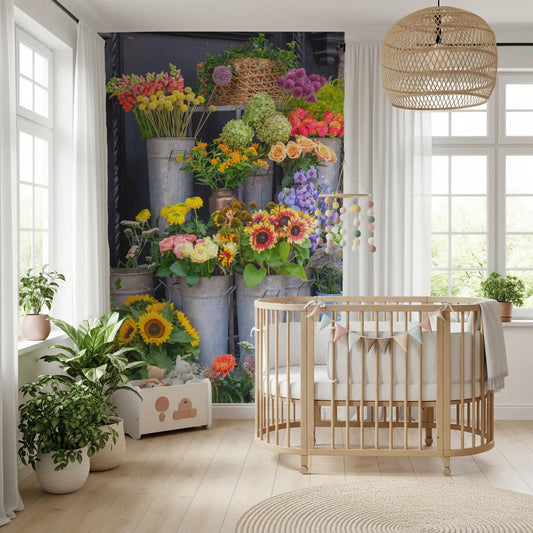Colourful wall mural of a tiered flower market stall in nursery GD11207