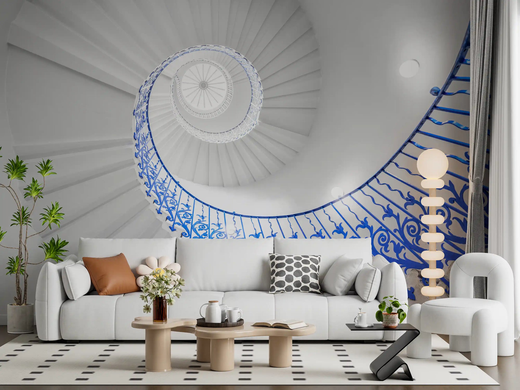 Pale spiral staircase mural with ornate cobalt blue iron railing viewed from below GD11210