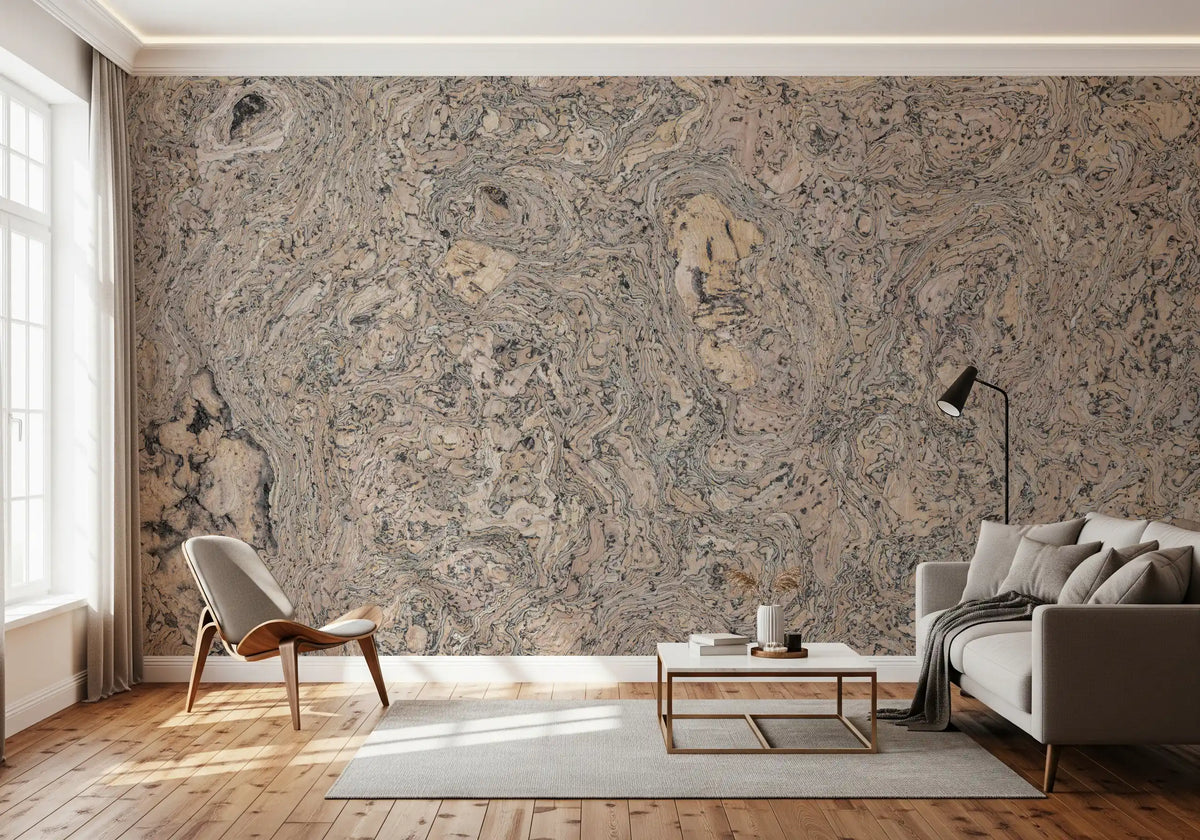 Natural cork grain texture wall mural with swirling neutral organic lines in living room GD11211