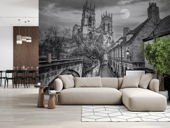 Black and white mural of gothic cathedral towers over a cobbled street GD11212
