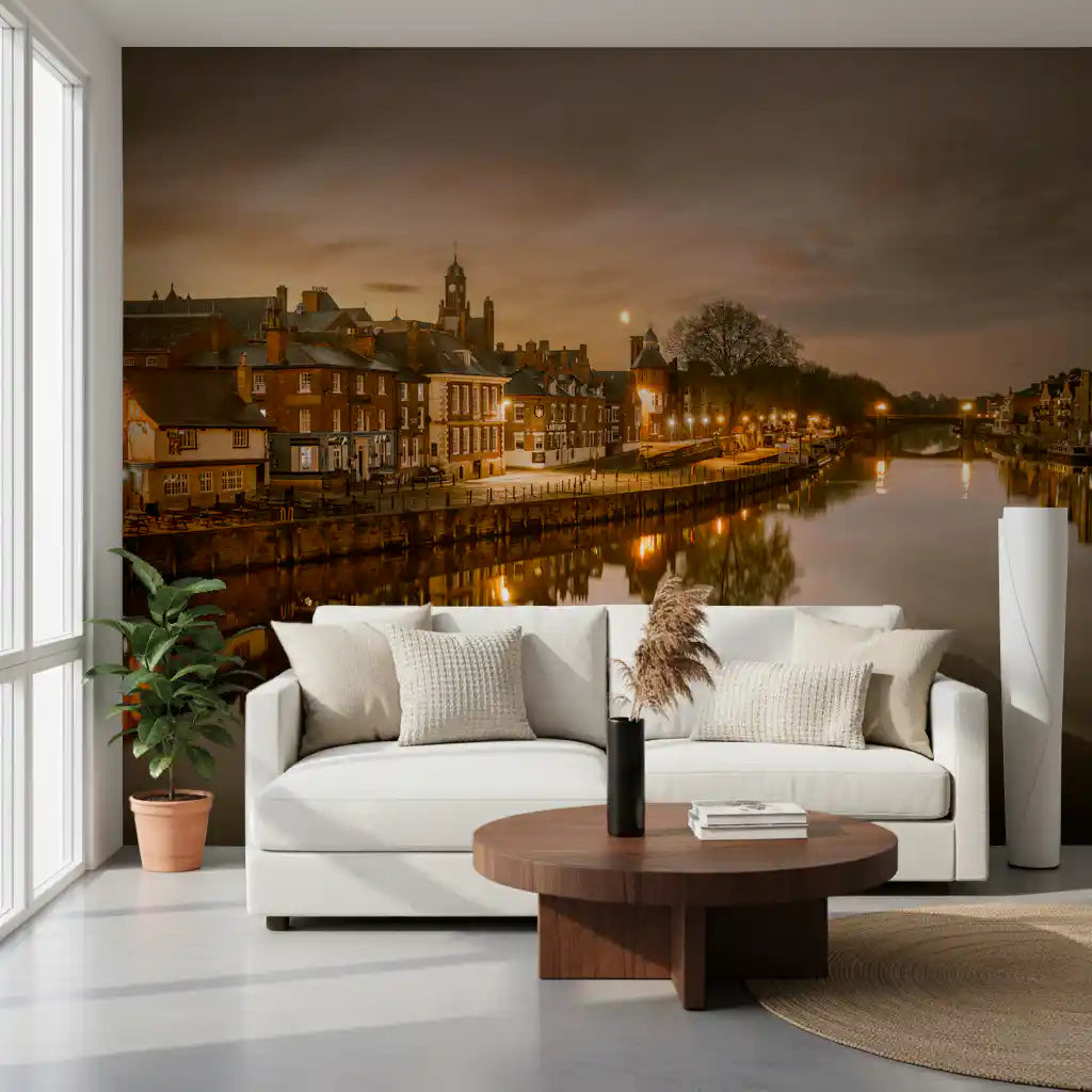 Riverside town mural at twilight with amber sky and glowing street lamps GD11213