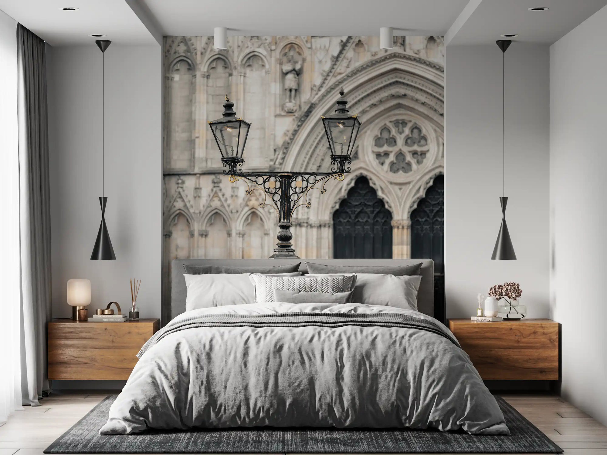 Ornate black iron lantern mural before a pale gothic cathedral facade in bedroom GD11215