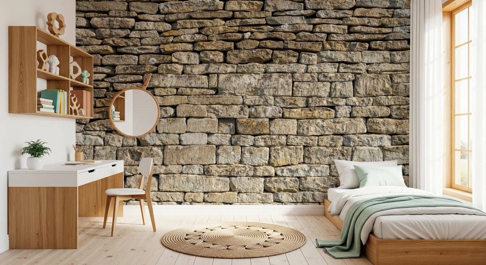 Dry-stacked stone wall texture mural in warm honey and beige tones GD11220