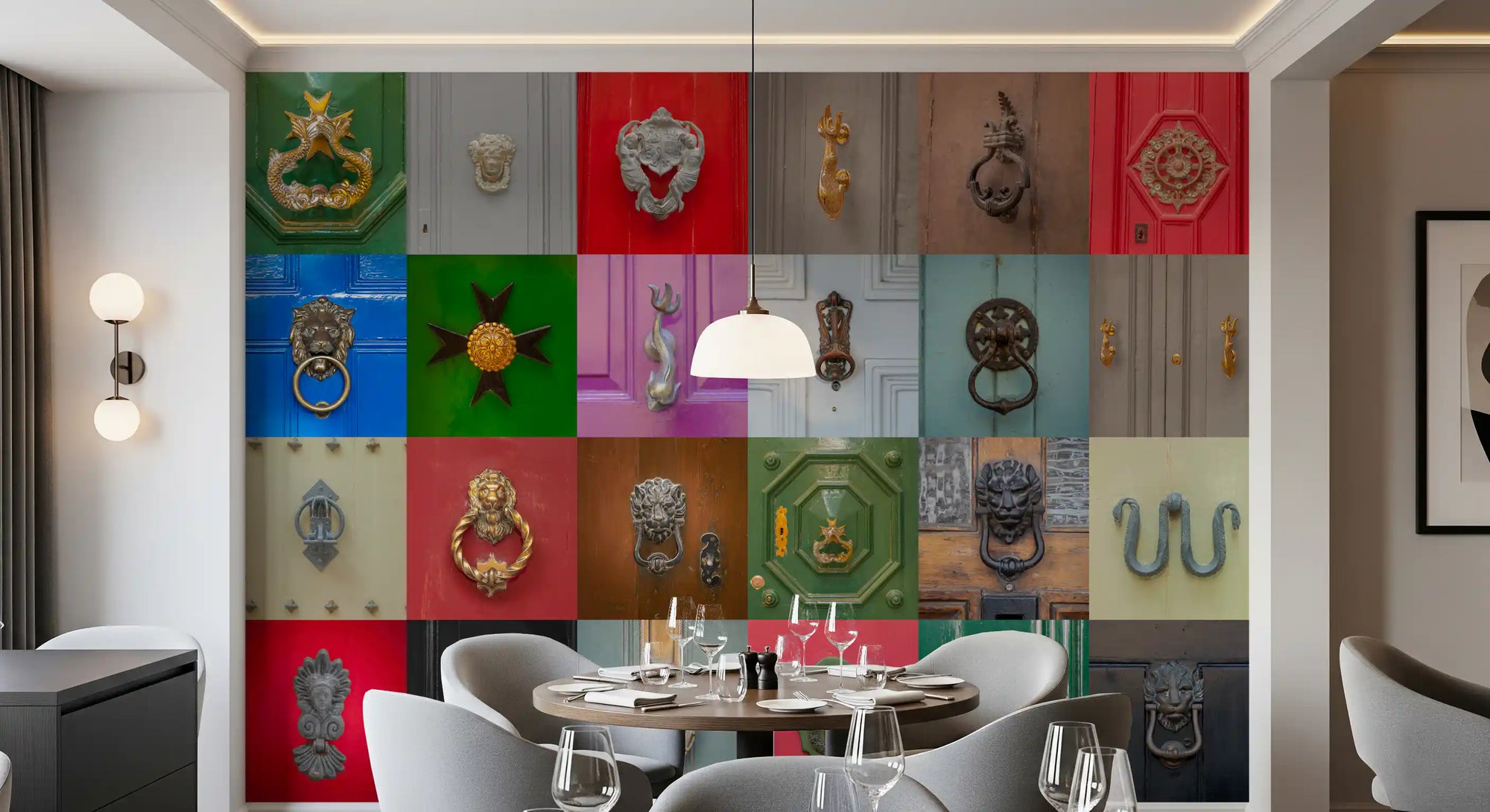 Mosaic mural of ornate door knockers in a bold multicolour grid in dining room GD11221
