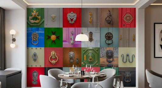 Mosaic mural of ornate door knockers in a bold multicolour grid in dining room GD11221