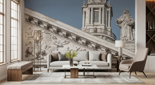 Neoclassical stone facade mural with a domed tower and robed statue in living room GD11222