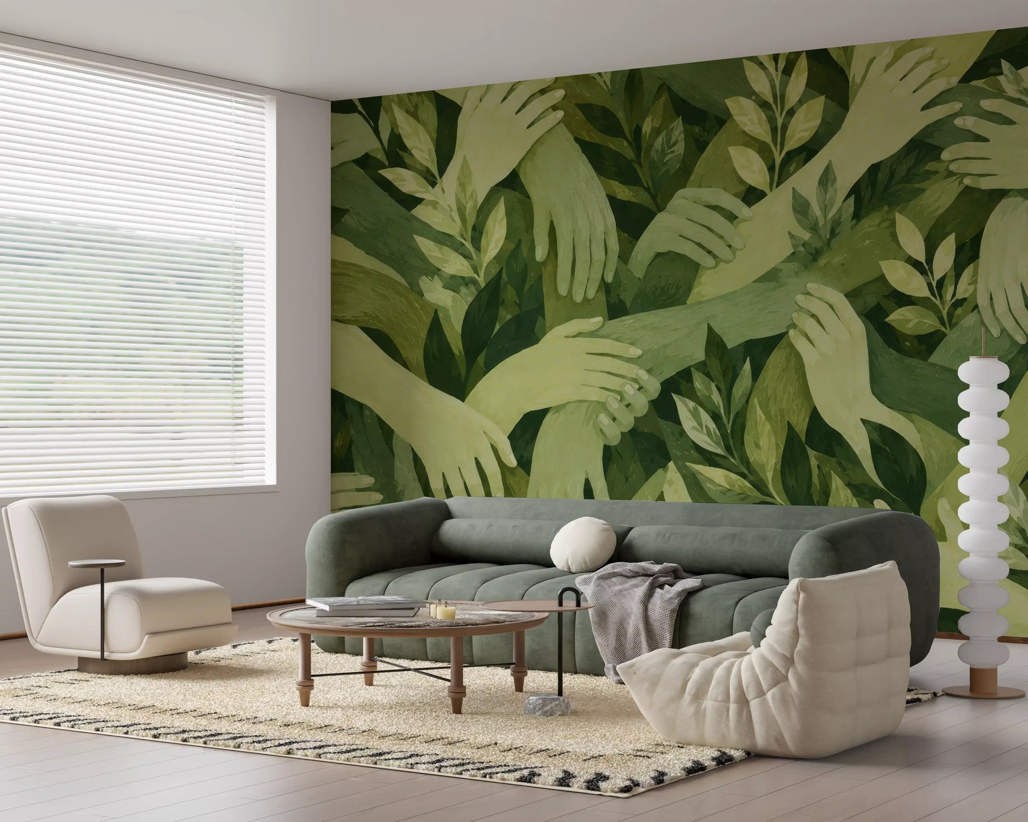 Intertwined foliage and hands mural with green arms reaching through leaves GD11224
