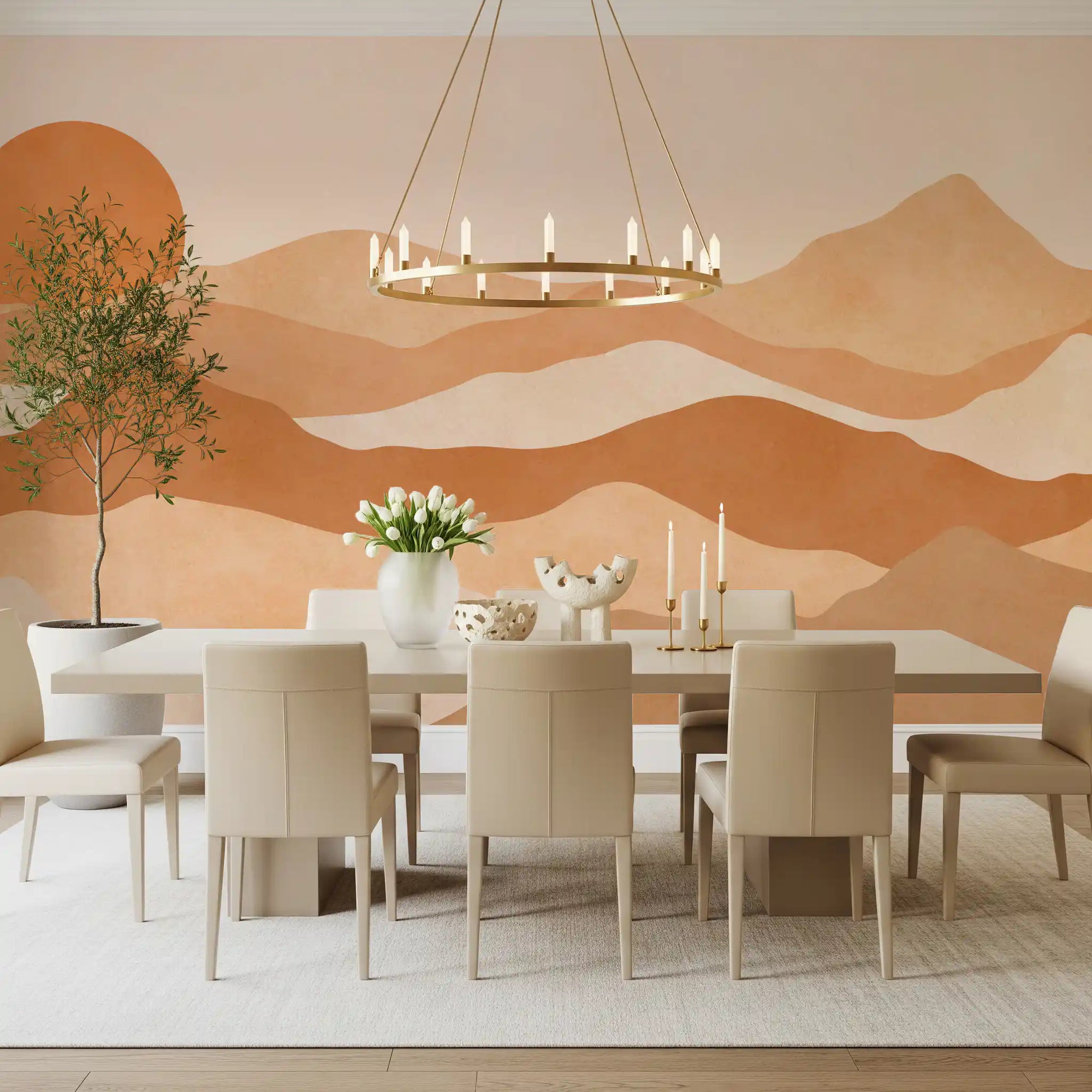 Desert sunset minimalist peaks mural with layered ridges in warm earth tones GD11225