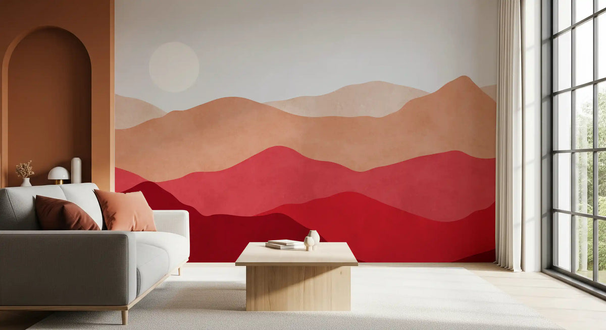 Crimson mountain horizon wall mural in red maroon and tan GD11228