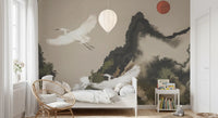 Zen Heron Mountain Landscape Wall Mural