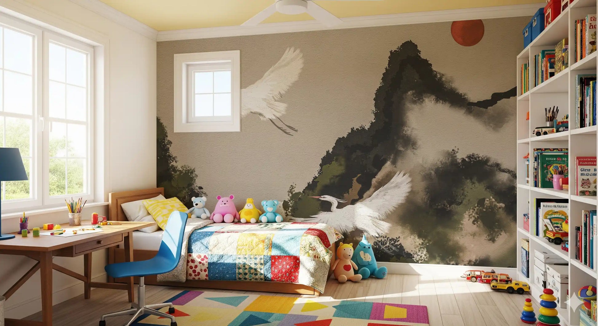 Zen Heron Mountain Landscape Wall Mural