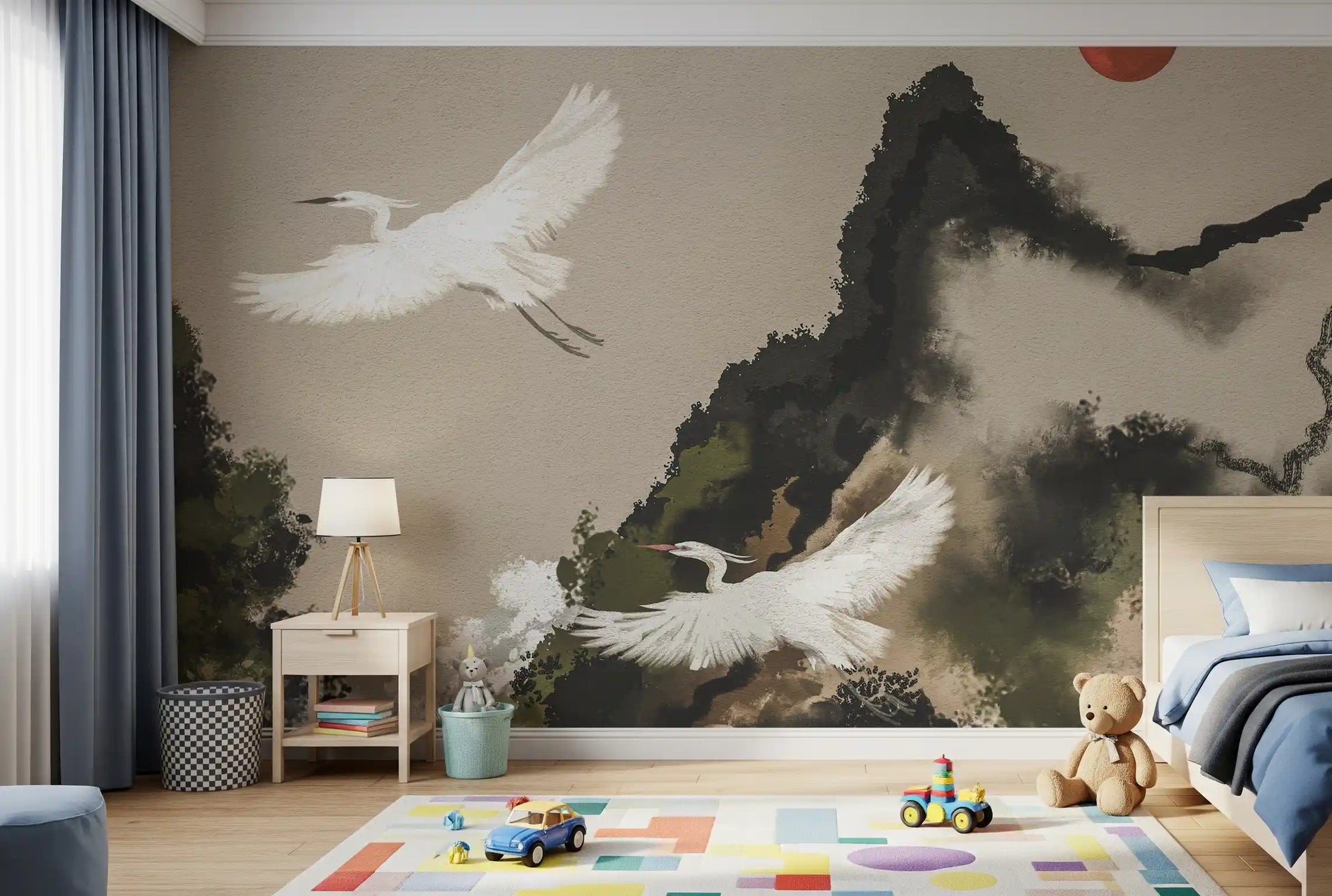 Zen Heron Mountain Landscape Wall Mural