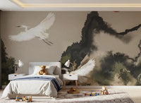 Zen Heron Mountain Landscape Wall Mural