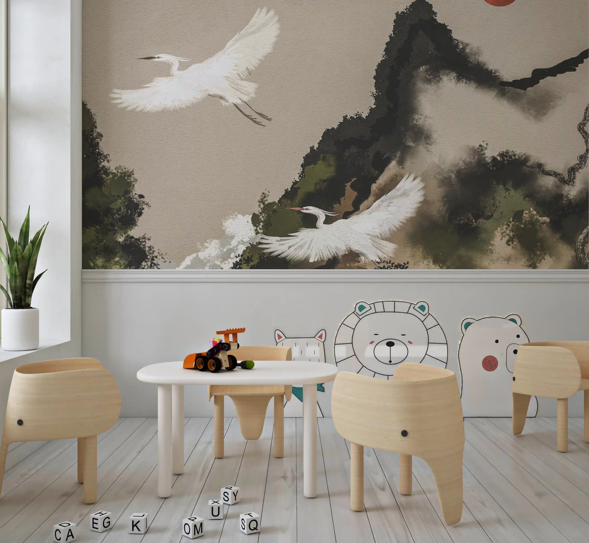 Zen Heron Mountain Landscape Wall Mural