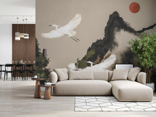Zen heron mountain landscape wall mural with white herons and red sun GD11229