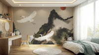 Zen Heron Mountain Landscape Wall Mural