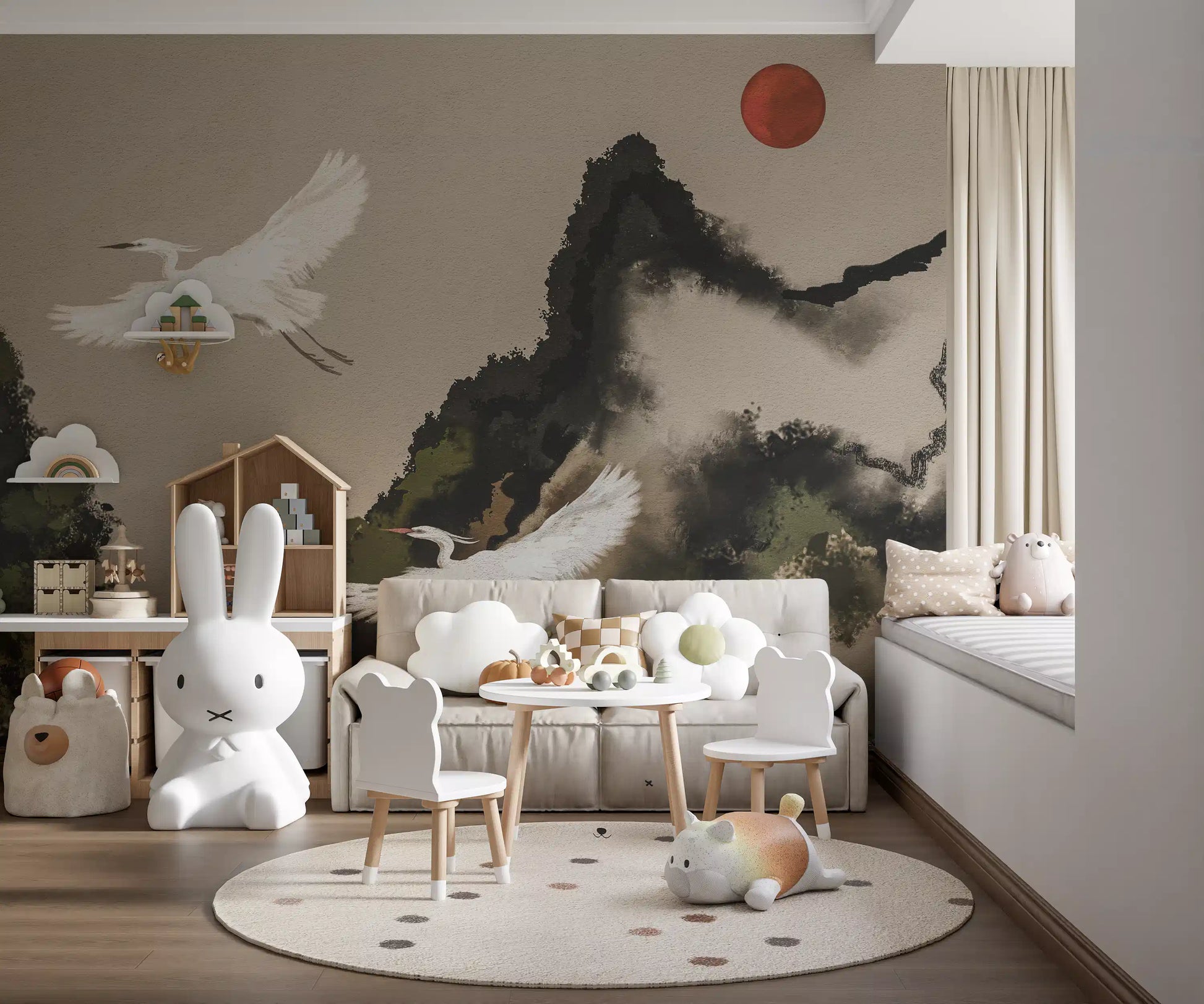 Zen Heron Mountain Landscape Wall Mural