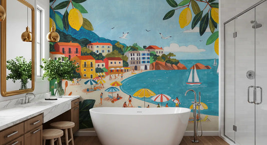 Coastal beach scene wall mural with colourful town and sailboats GD11230