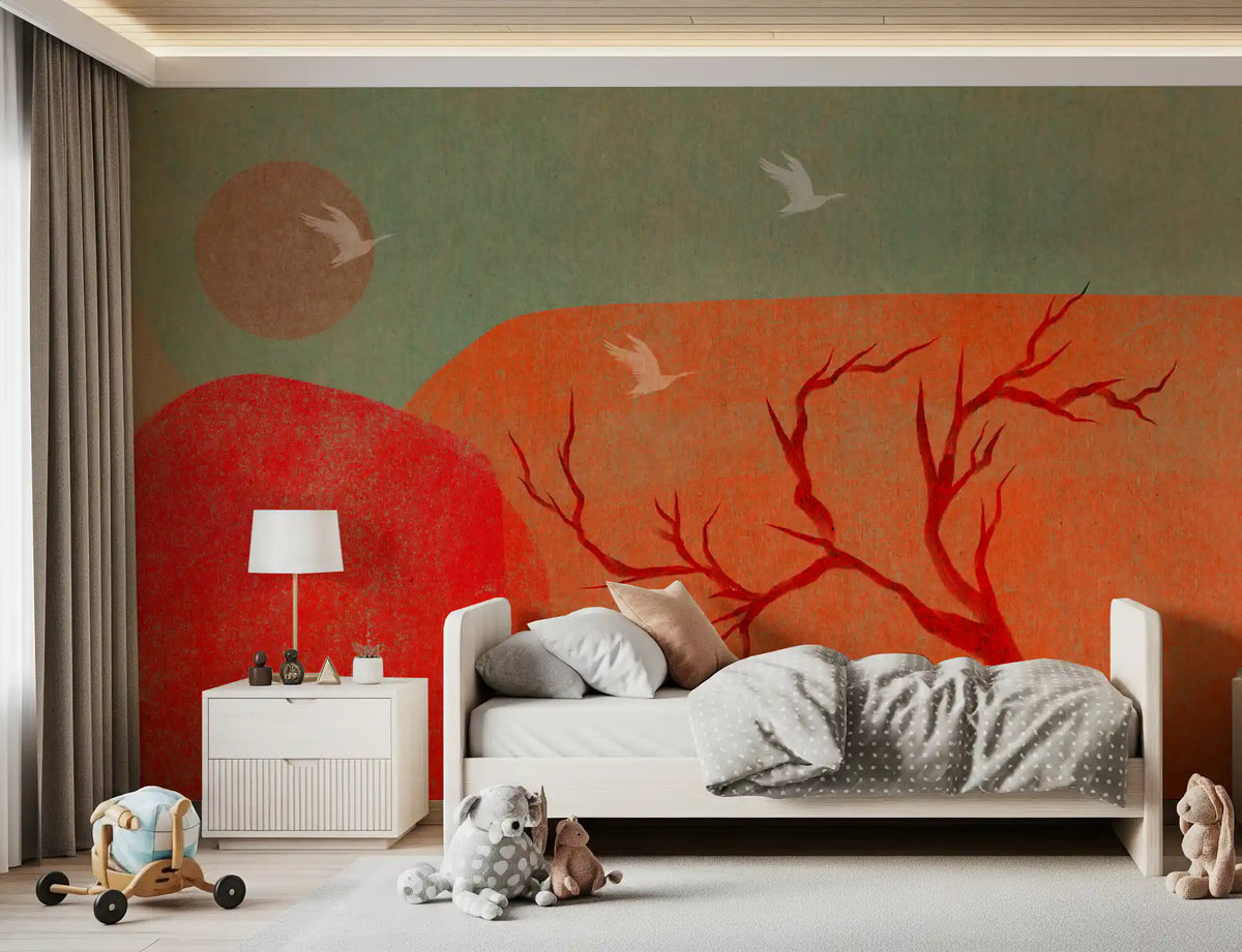 Abstract dusk scenery wall mural with coral hillside and sage sky in bedroom GD11233