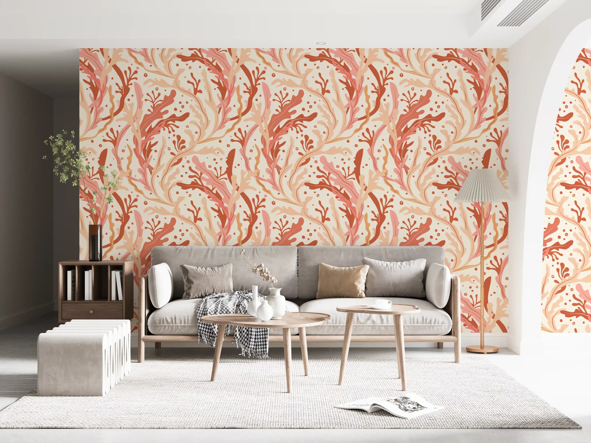 Abstract sea kelp wallpaper with coral fronds on a cream ground GD11234