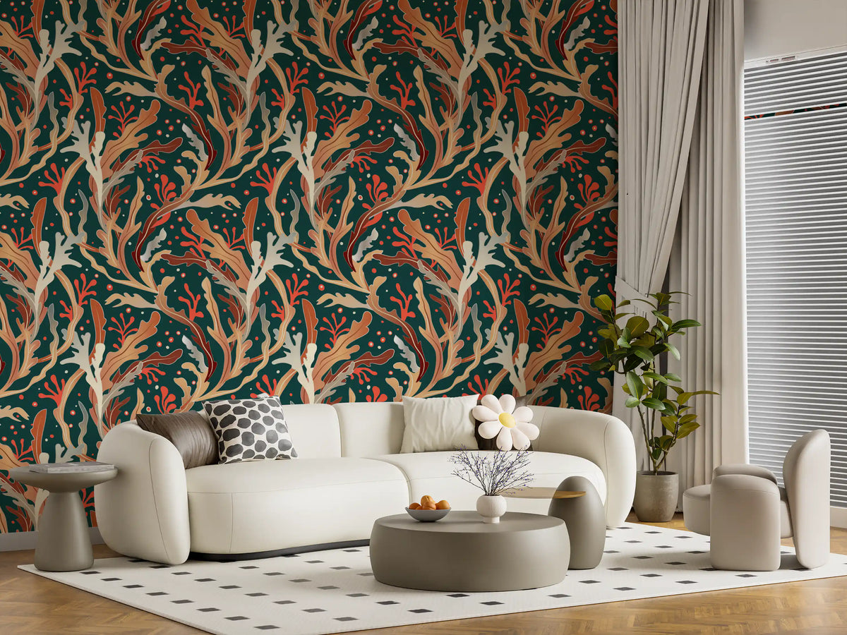 Abstract seaweed foliage wallpaper on a deep teal ground GD11235