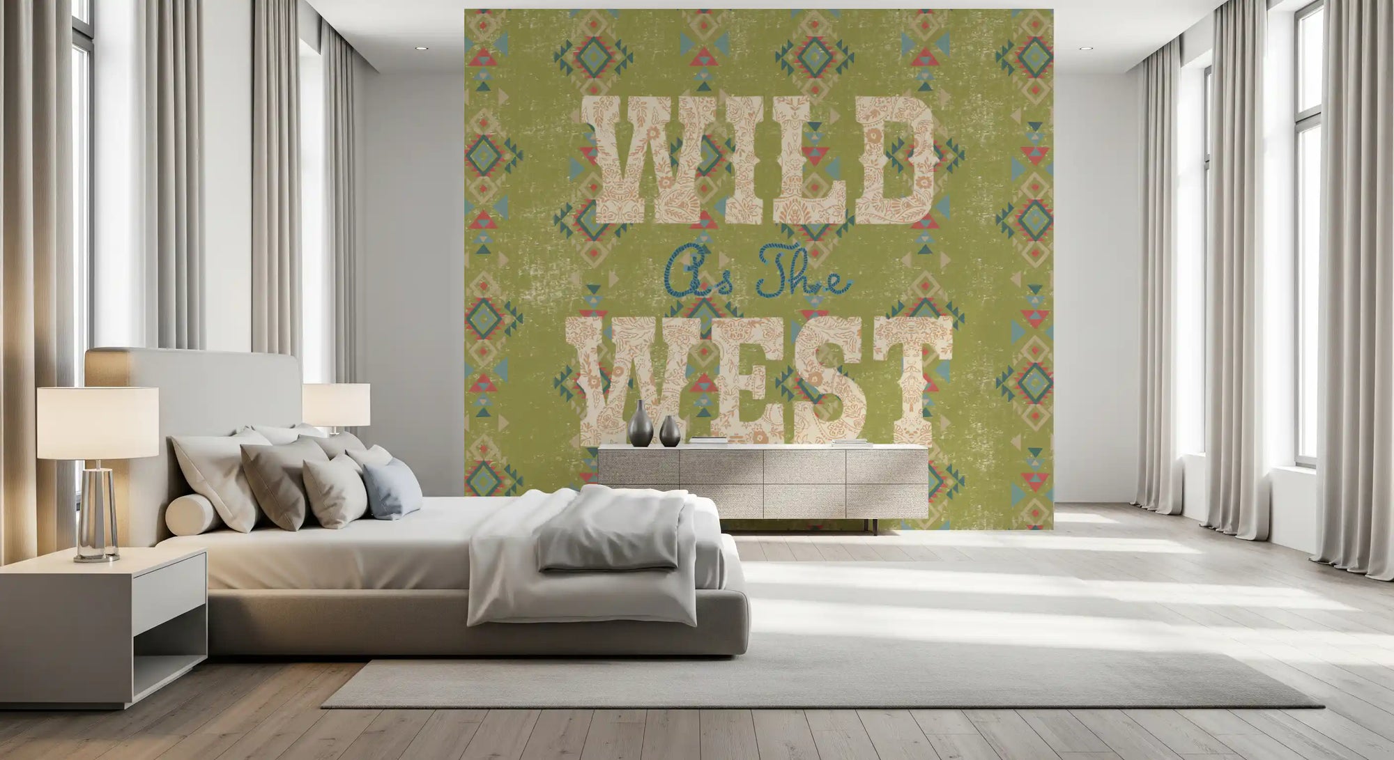 Western folk script wall mural in sage green with cream paisley lettering GD11238