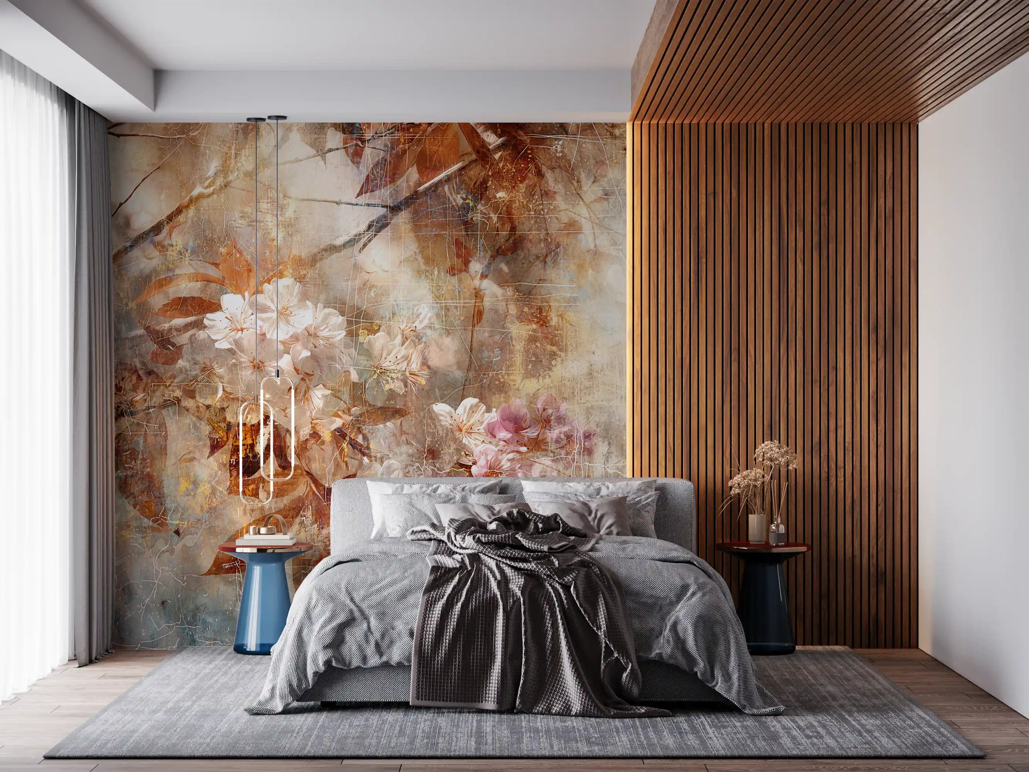 Weathered floral wall mural with white and pink blossoms in bedroom GD11240